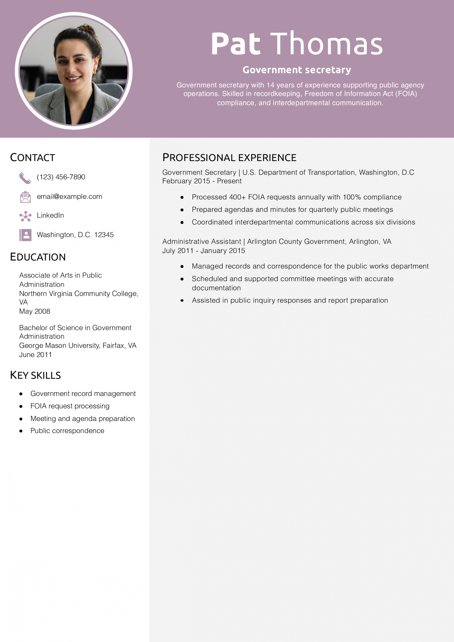 Government secretary resume example