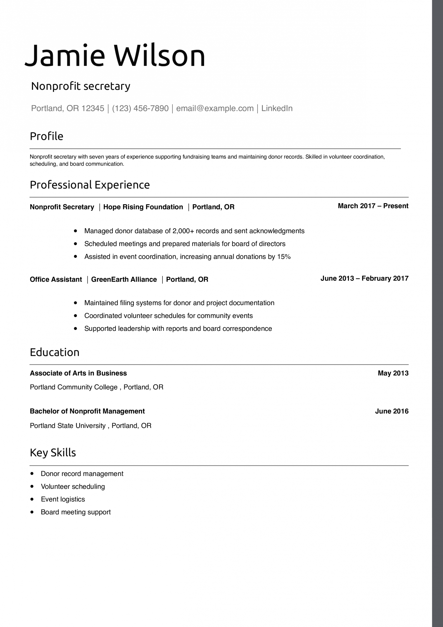 Nonprofit secretary resume example