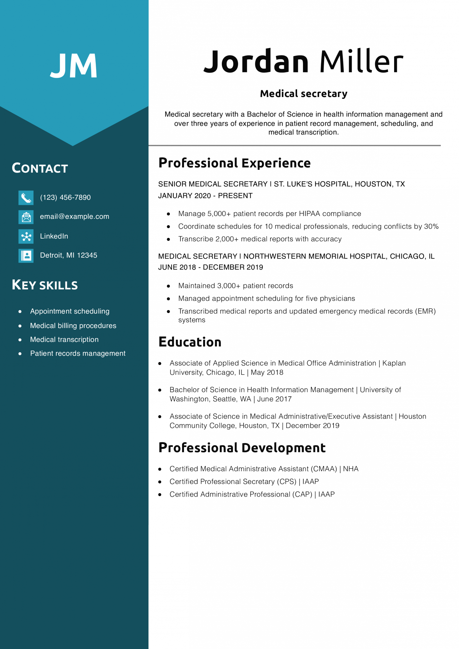 Medical secretary resume example