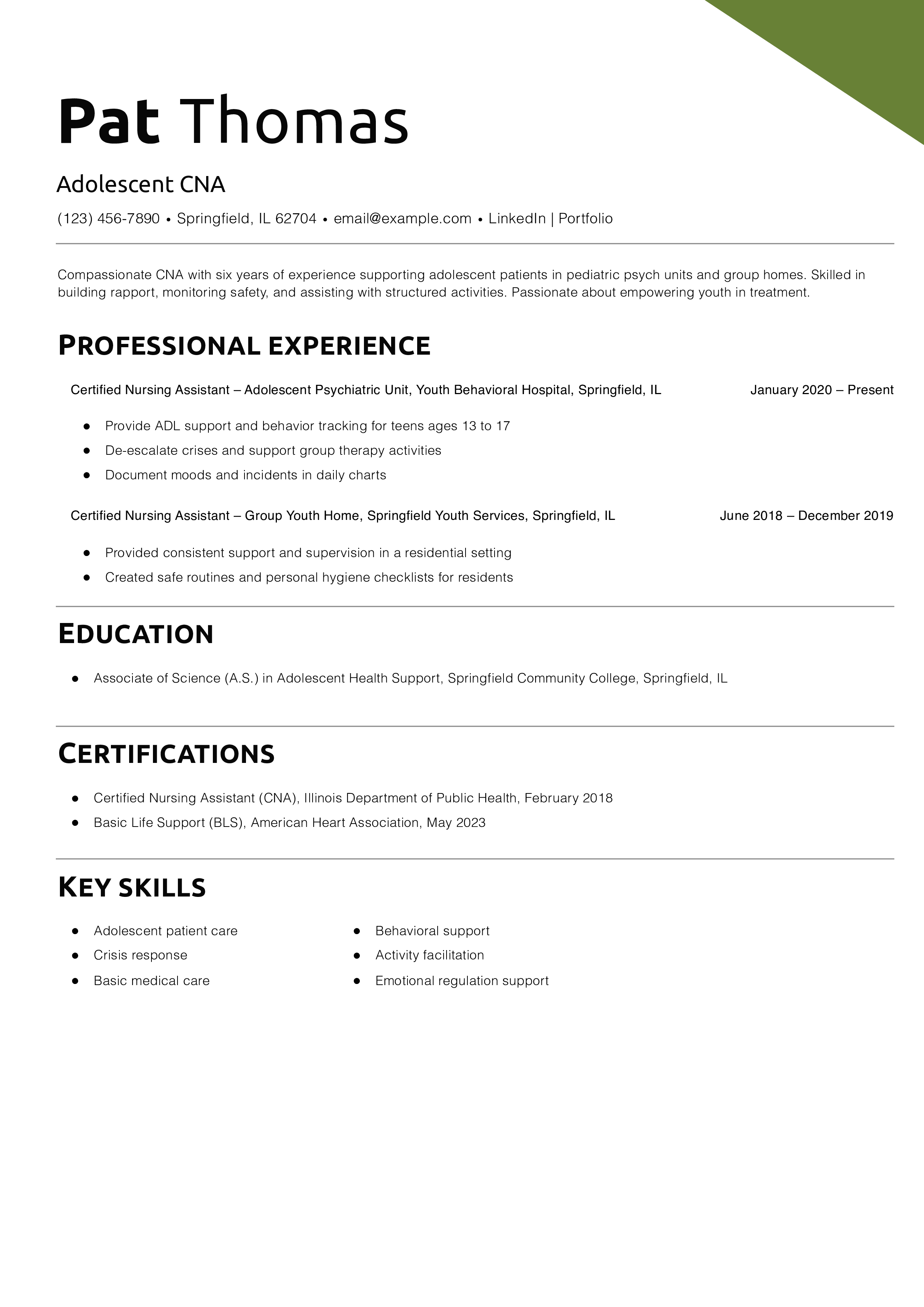 Adolescent CNA Resume Templates