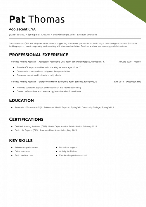 Adolescent CNA Resume Example
