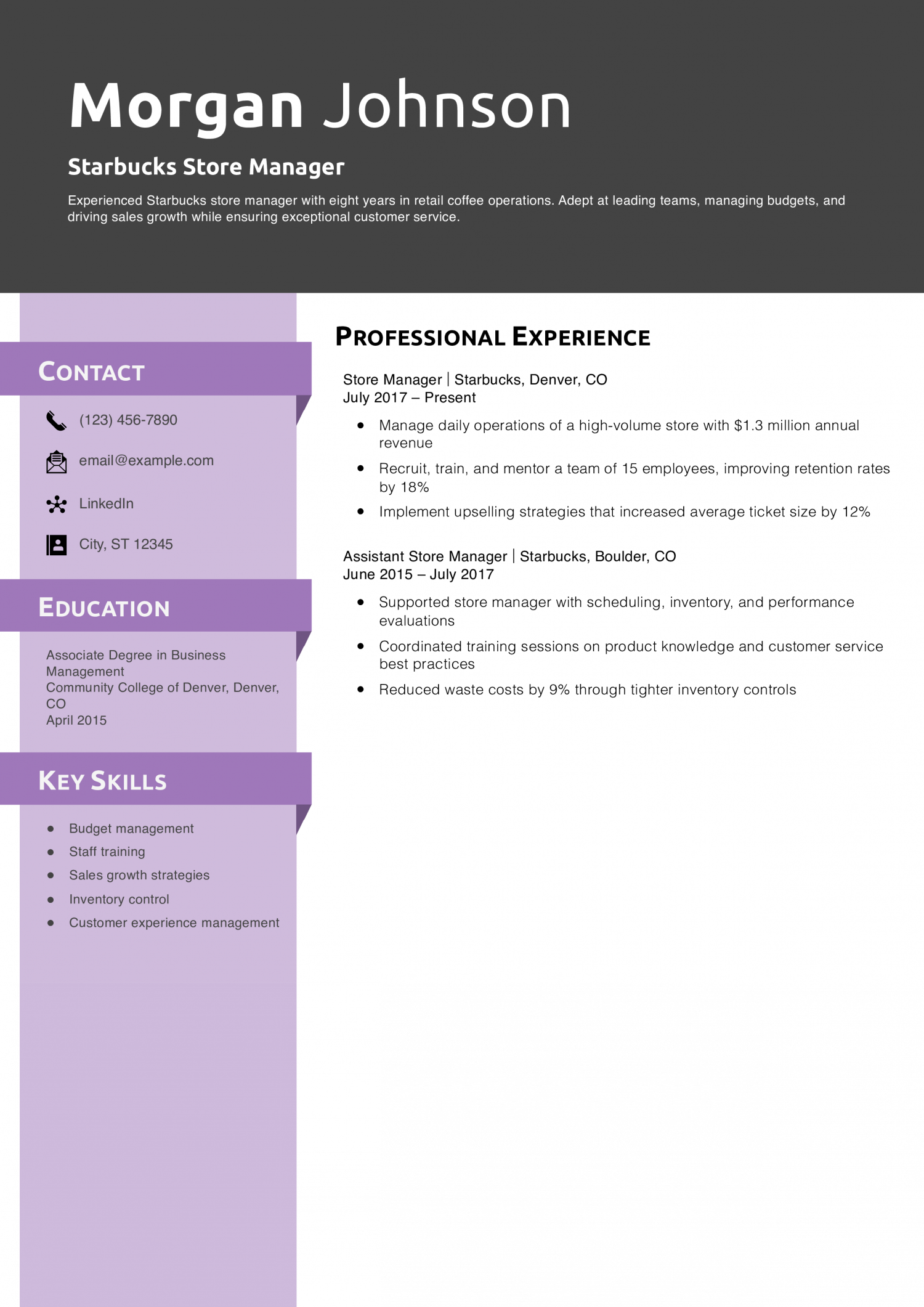 Starbucks Store Manager Resume Example