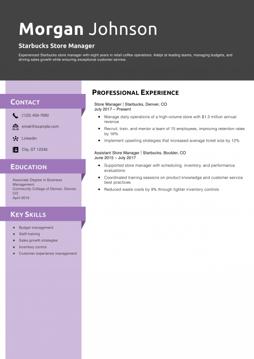 Starbucks Store Manager Resume Example