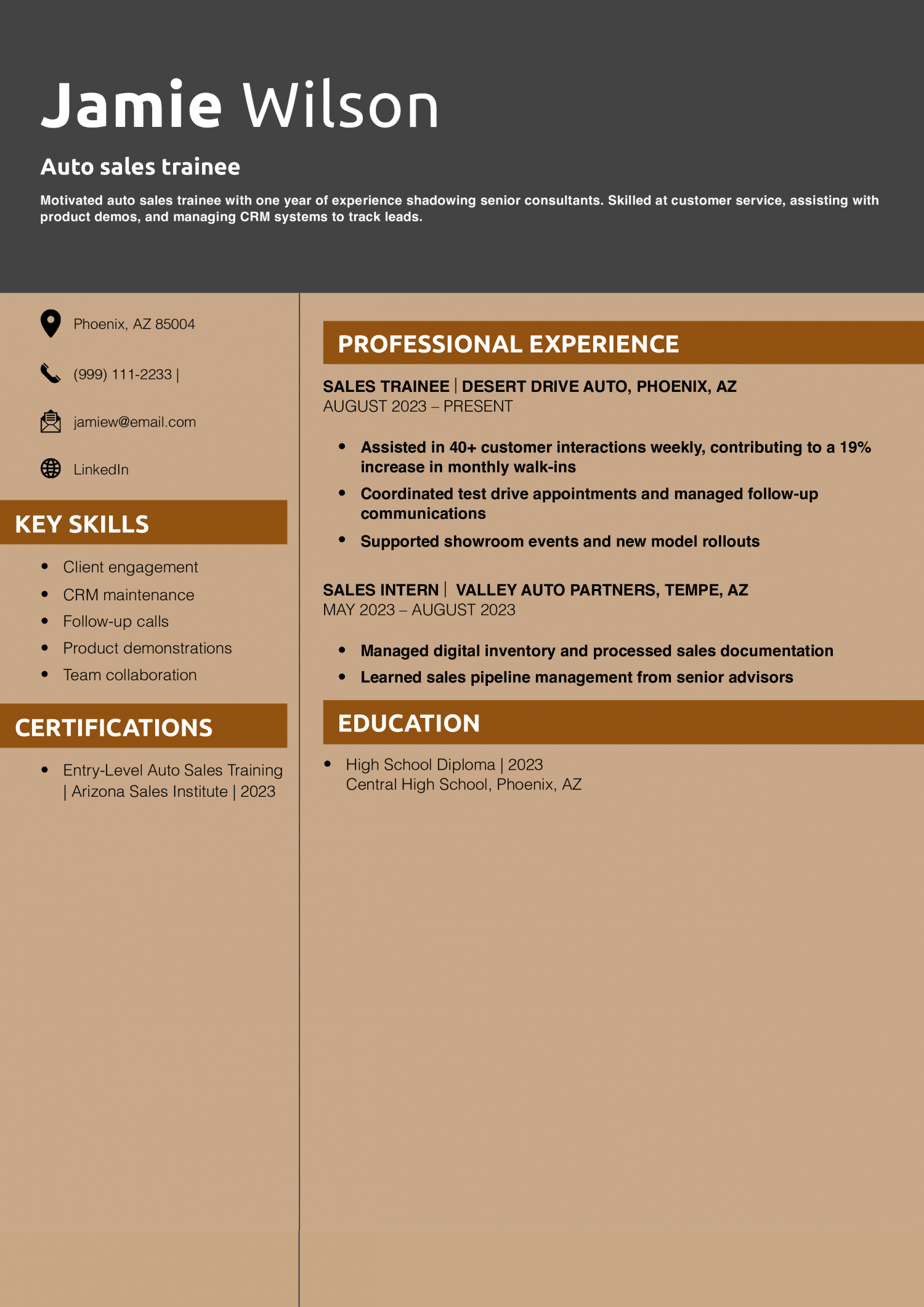 Auto sales trainee resume example