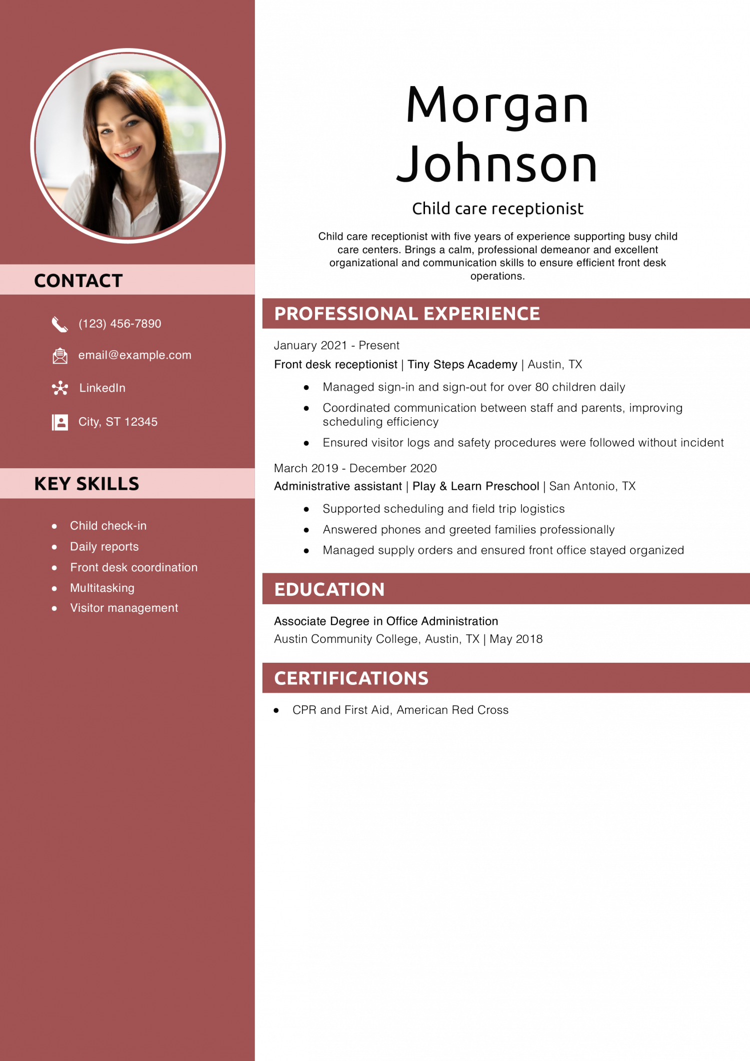 Child care receptionist resume