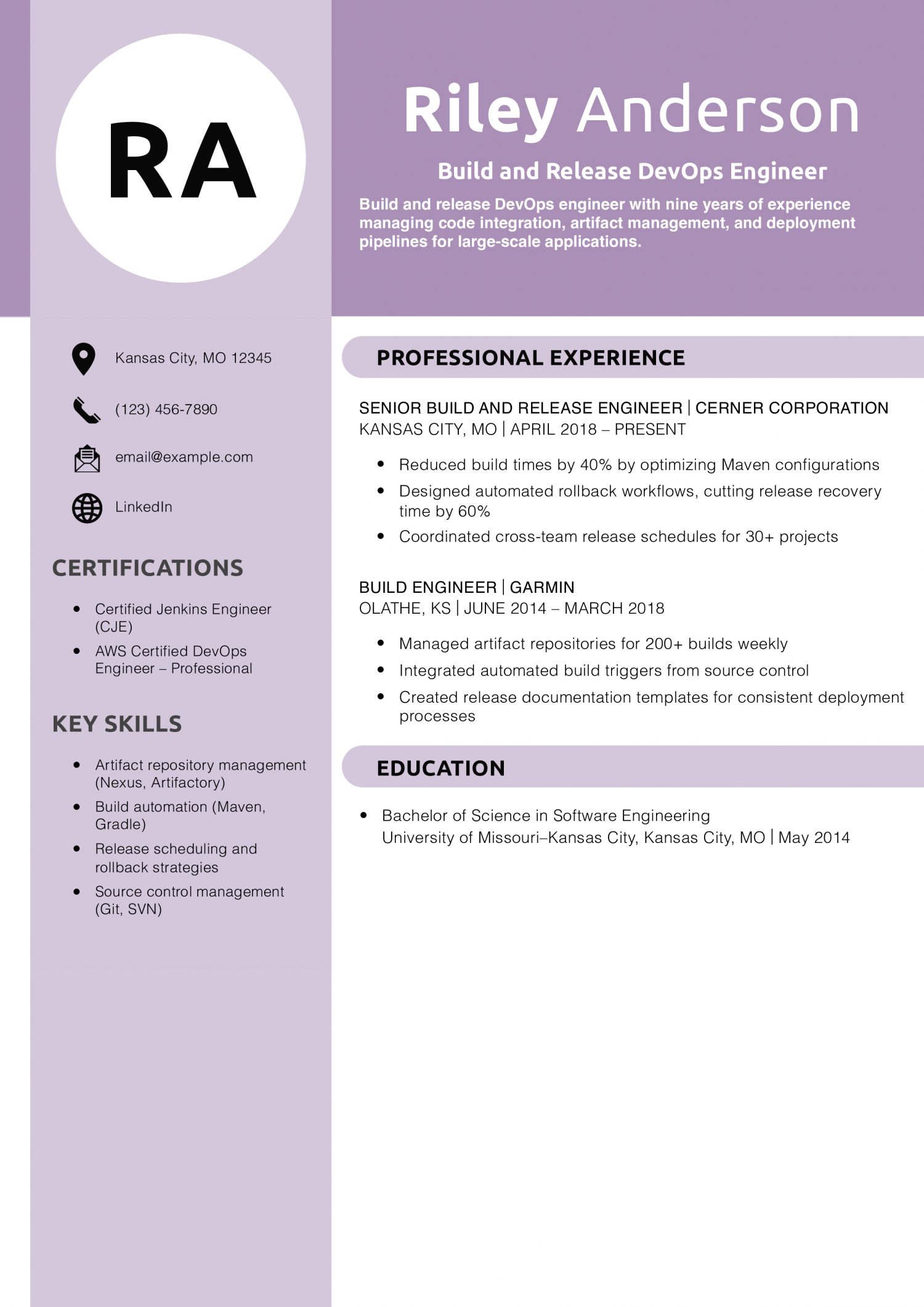 Build and Release DevOps Engineer Resume Example