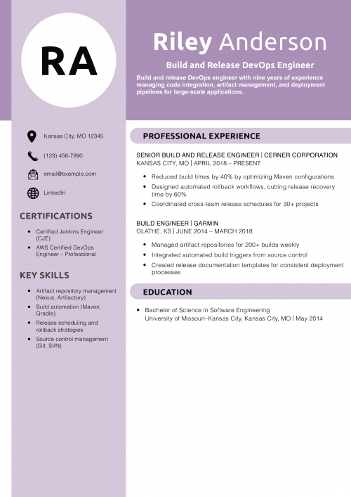 Build and Release DevOps Engineer Resume Example