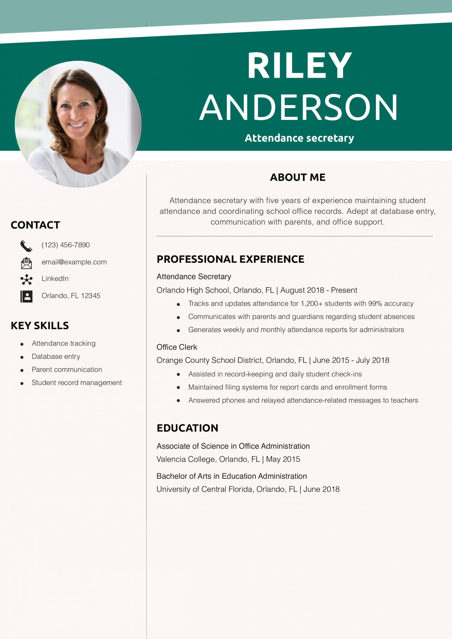 Attendance secretary resume example