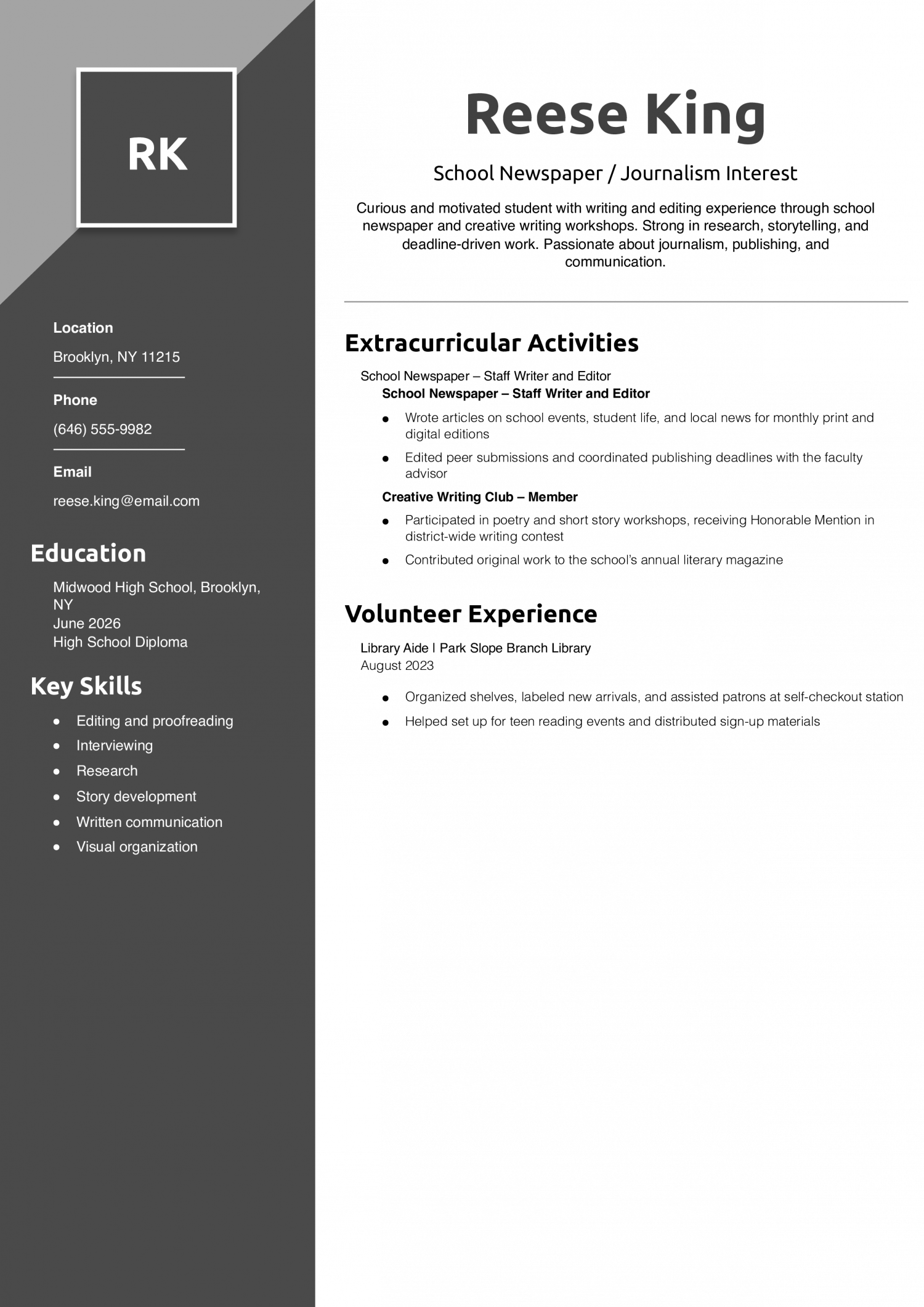 Teenager Resume Example – School Newspaper / Journalism Interest