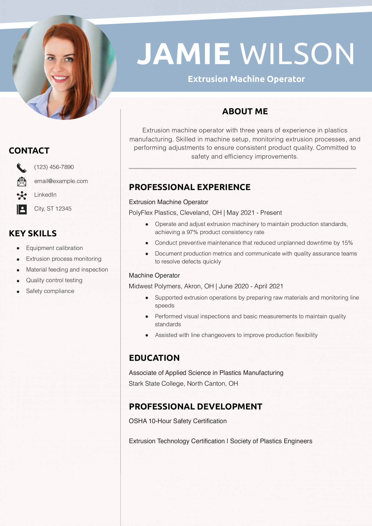 Extrusion Machine Operator Resume Example