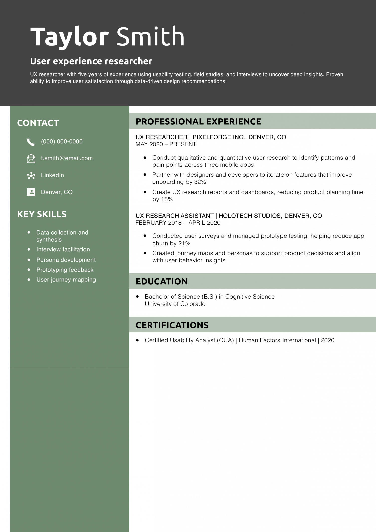 User experience researcher resume example