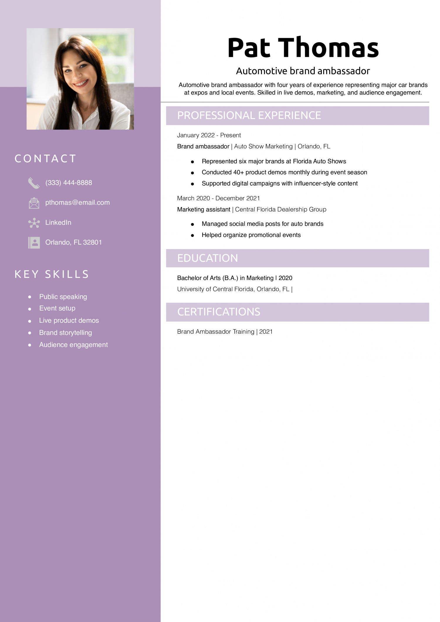 Automotive brand ambassador resume example