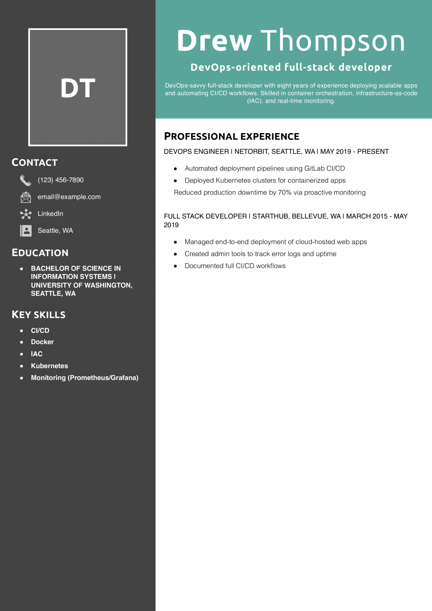 DevOps-oriented full-stack developer resume example