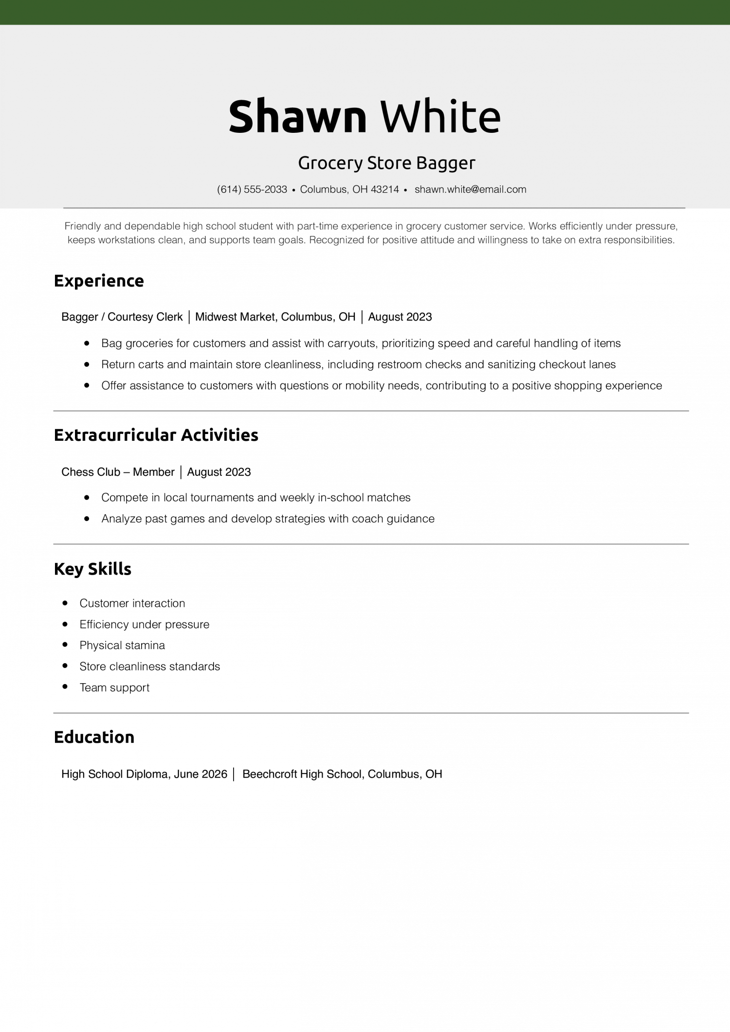 Teenager Resume Example – Grocery Store Bagger