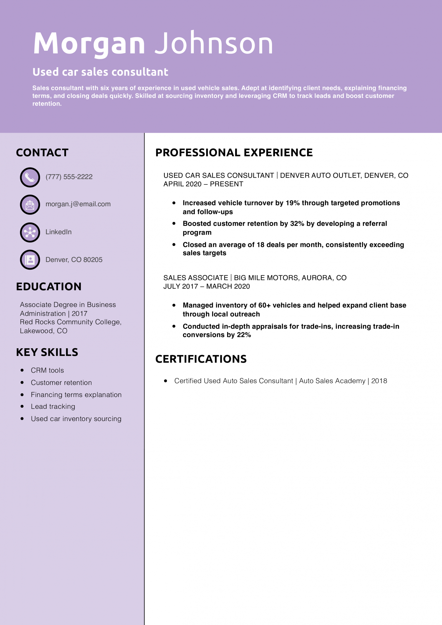 Used car sales consultant resume example