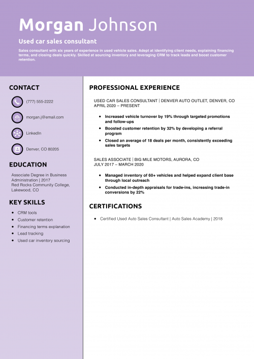 Used car sales consultant resume example