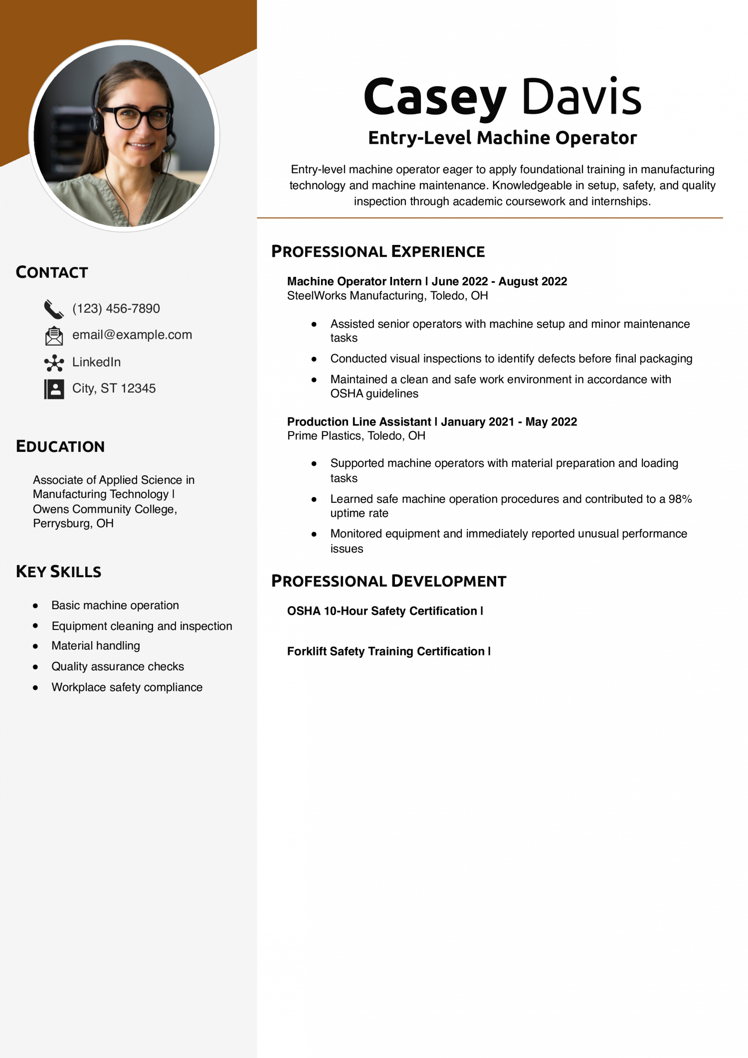 Entry-Level Machine Operator Resume Example
