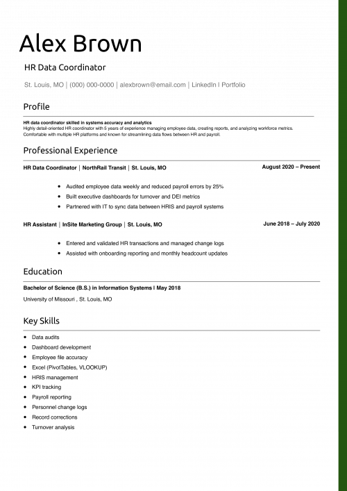 HR Data Coordinator Resume 