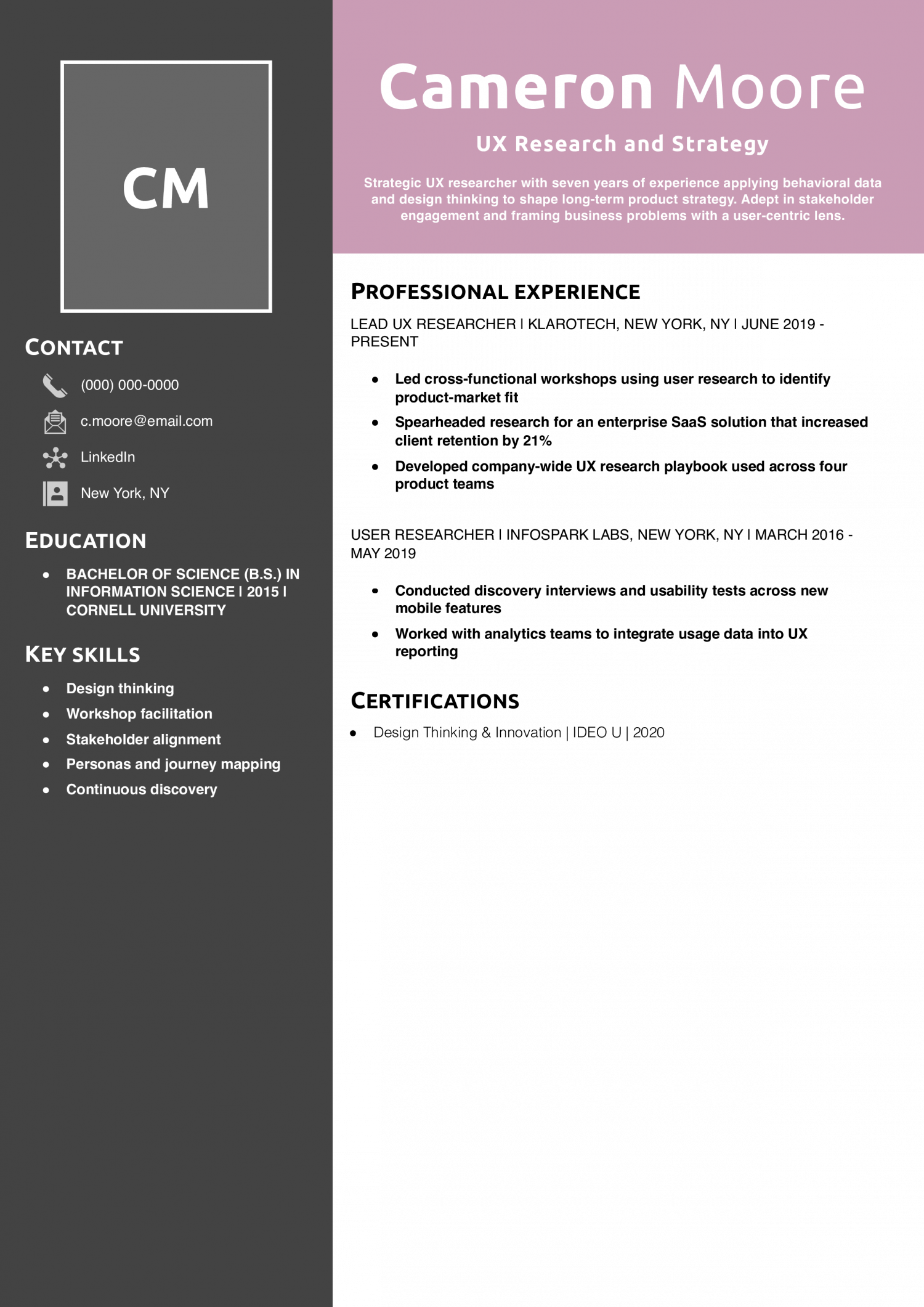 UX Research and Strategy Resume Example