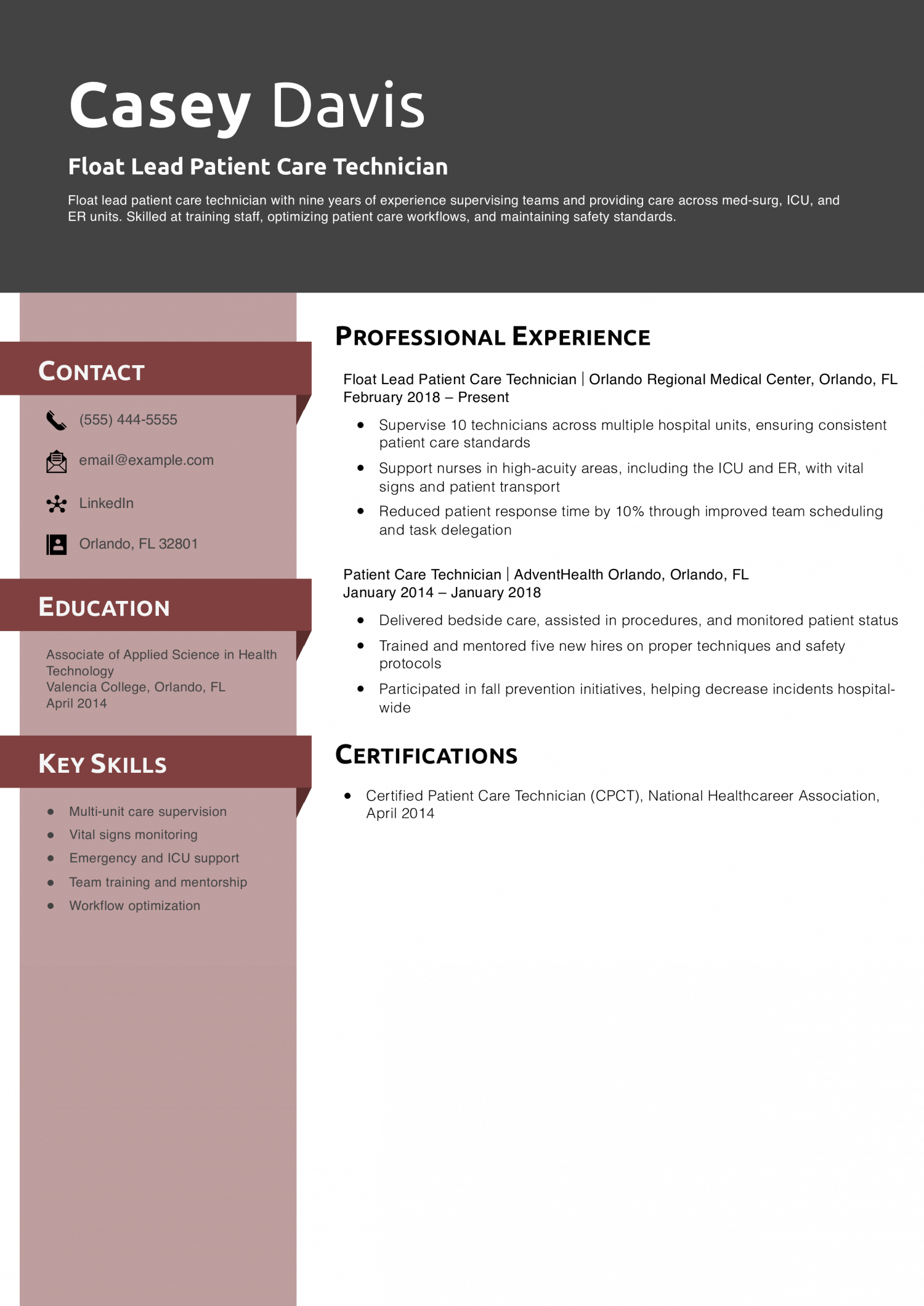 Float Lead Patient Care Technician Resume Example
