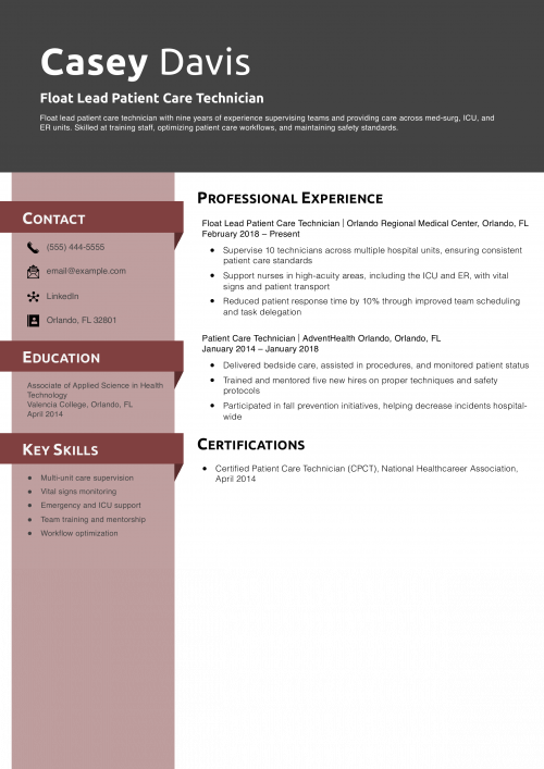 Float Lead Patient Care Technician Resume Example