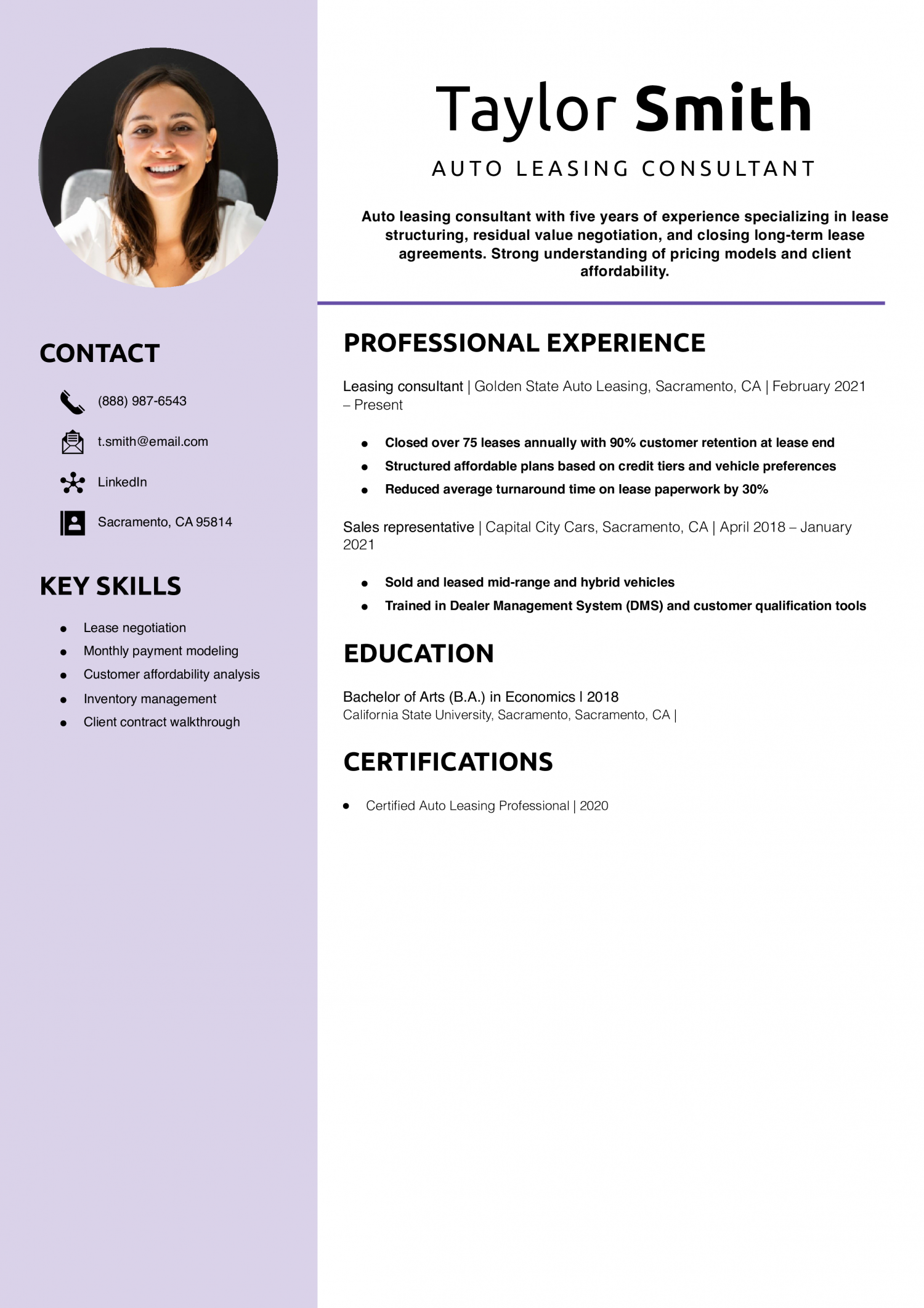 Auto leasing consultant resume example