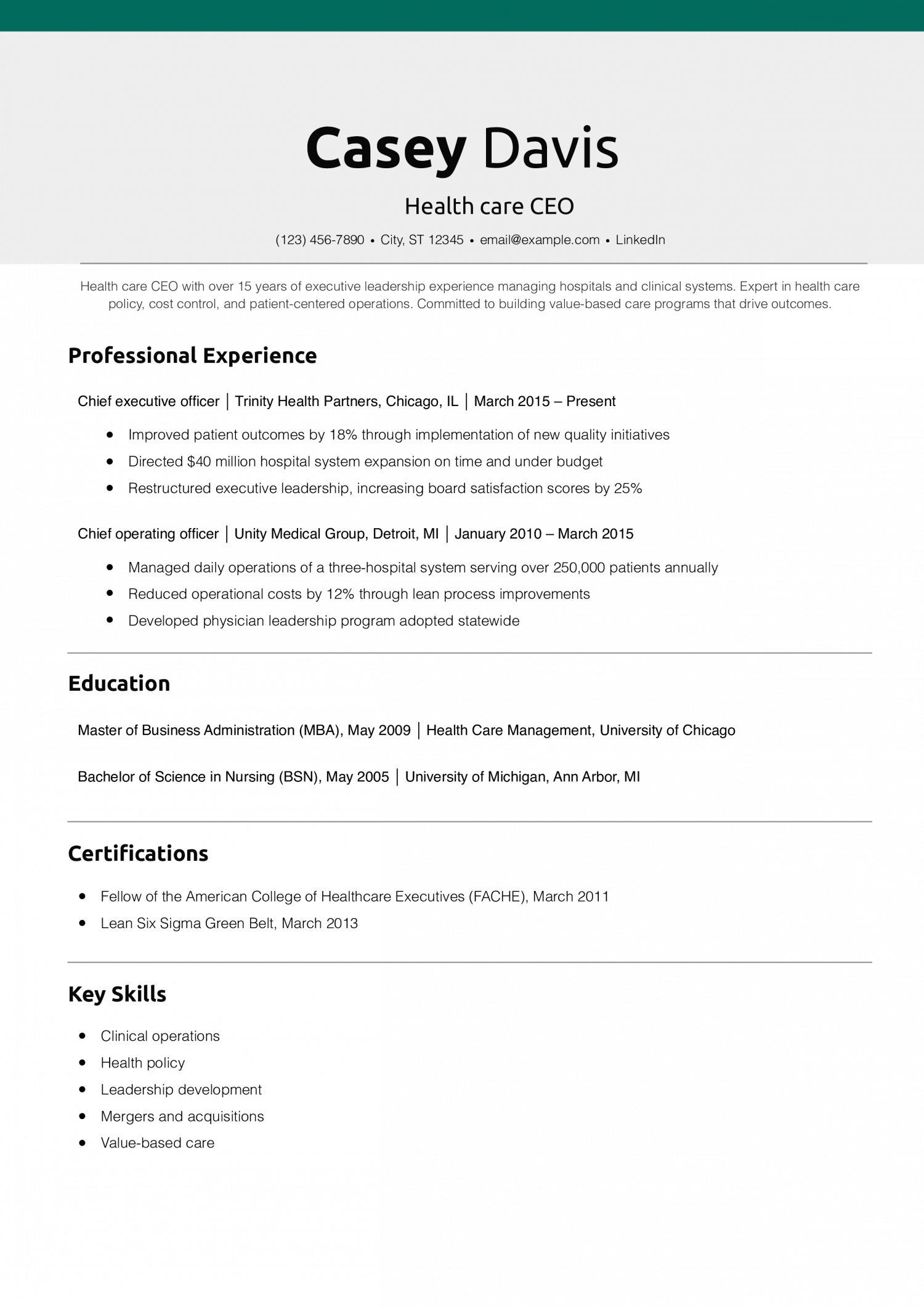 Health care CEO resume