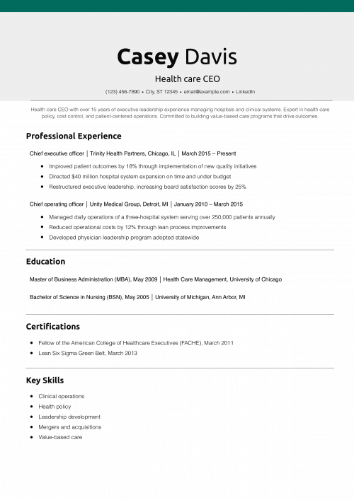 Health care CEO resume