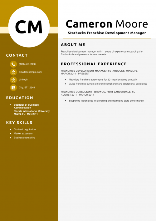 Starbucks Franchise Development Manager Resume Example