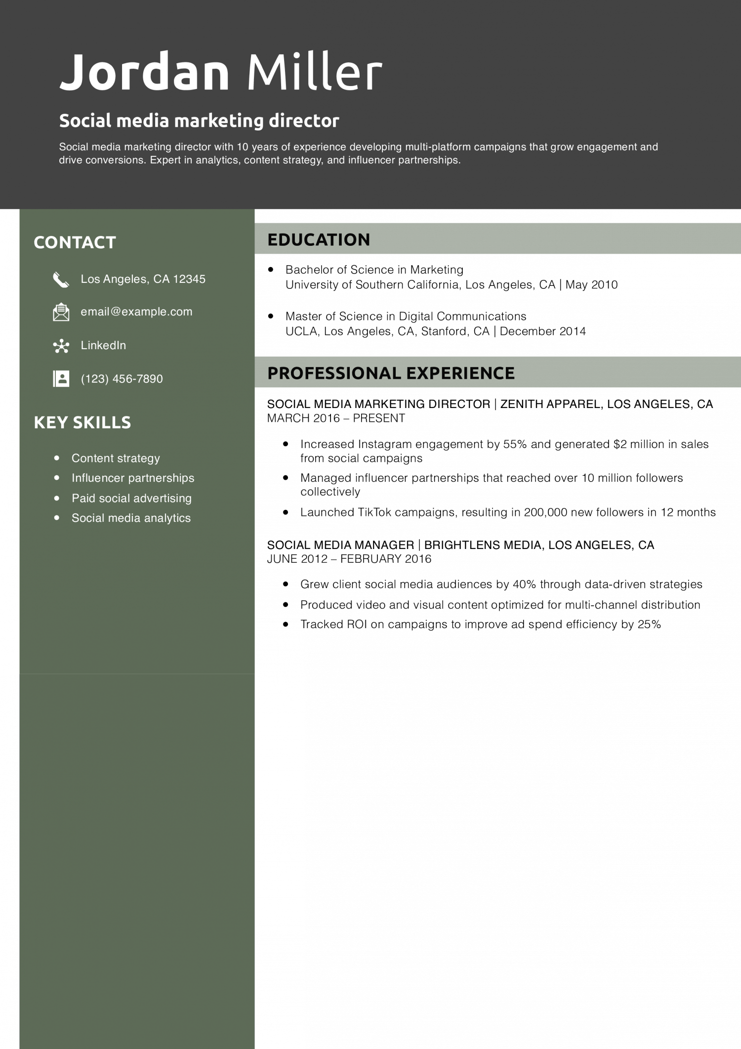 Social media marketing director resume example