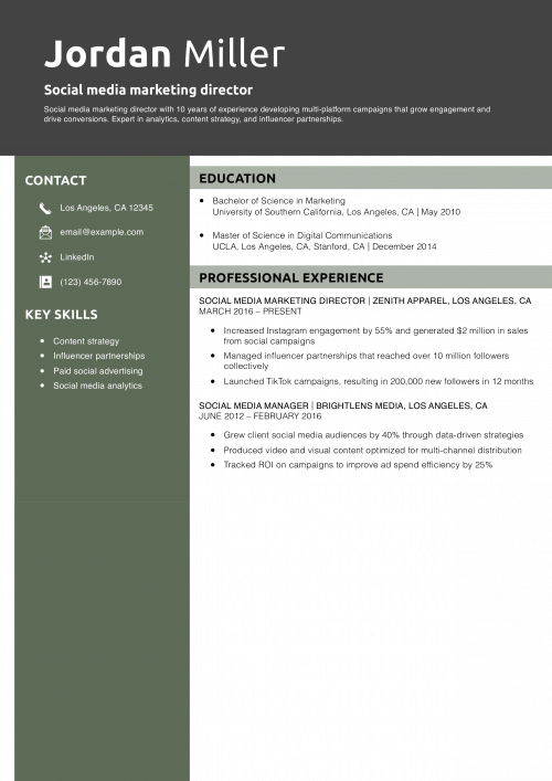 Social media marketing director resume example