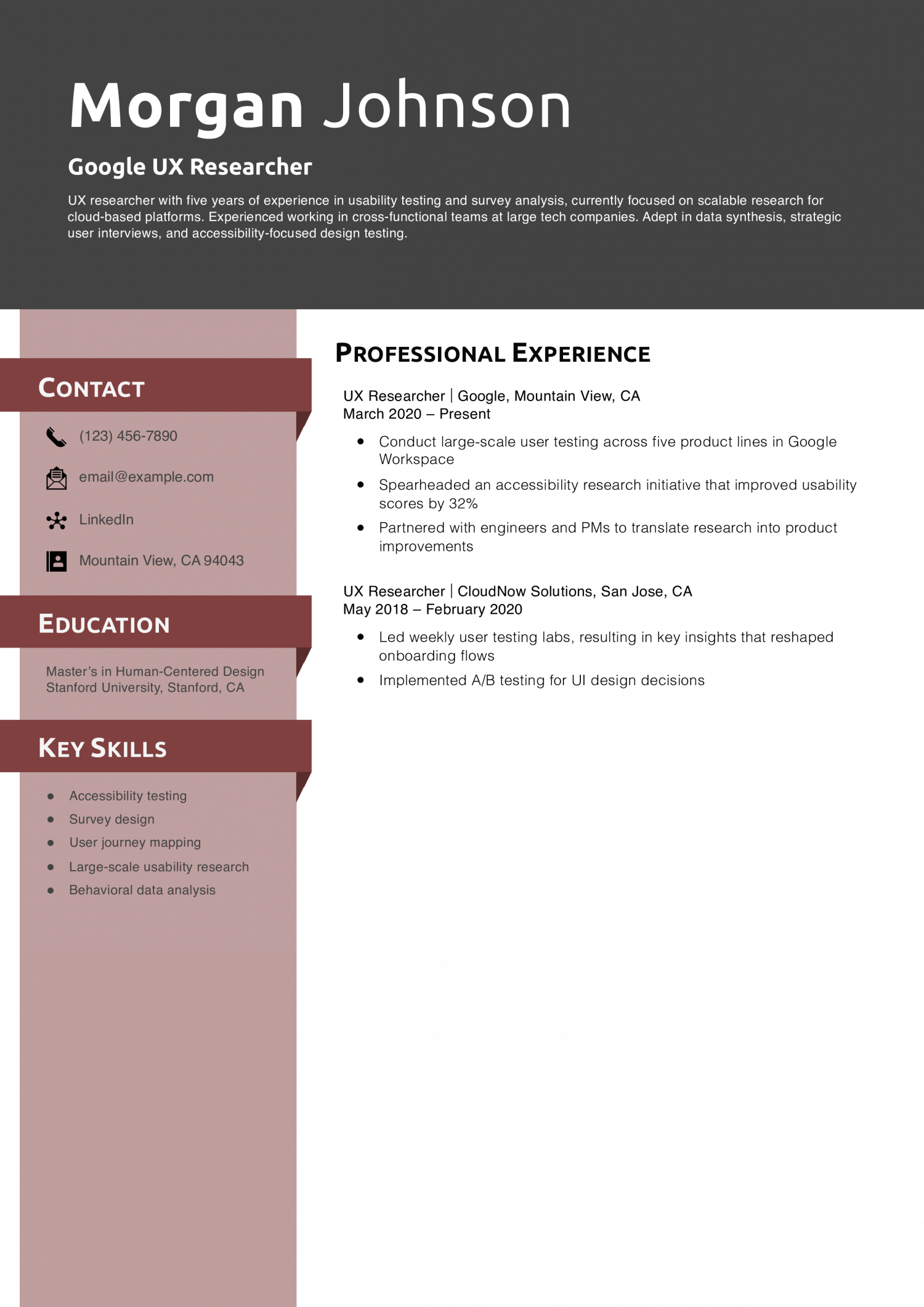 Google UX Researcher Resume Example