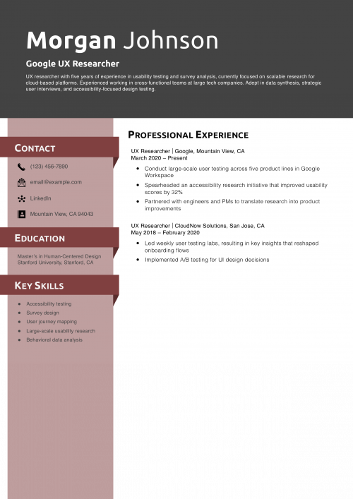 Google UX Researcher Resume Example
