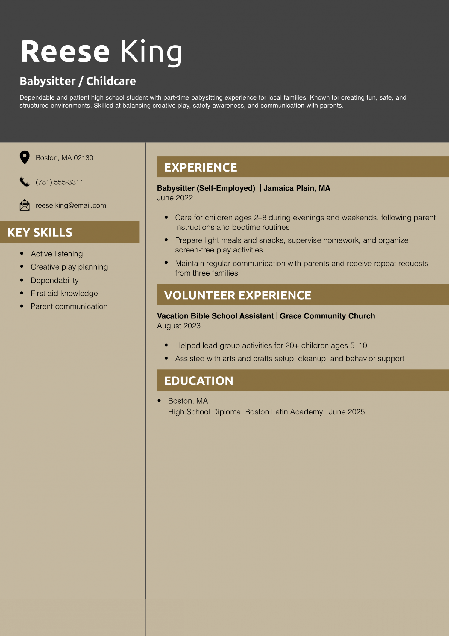 Teenager Resume Example – Babysitter / Childcare