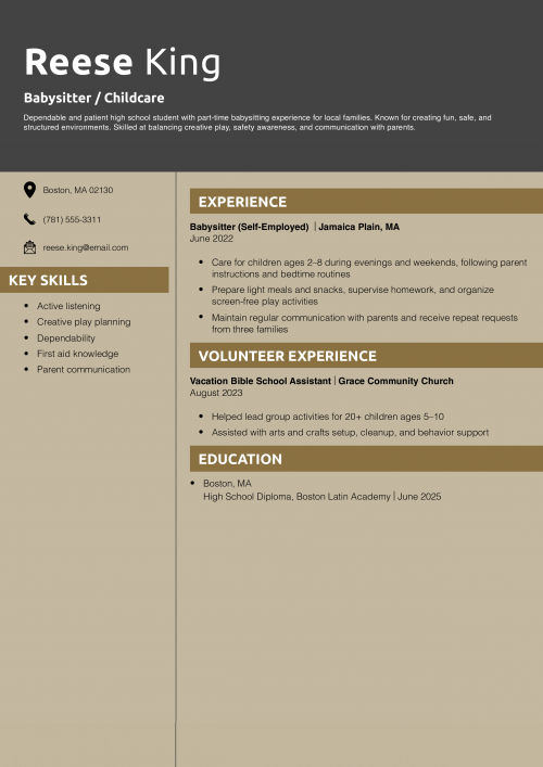 Teenager Resume Example – Babysitter / Childcare