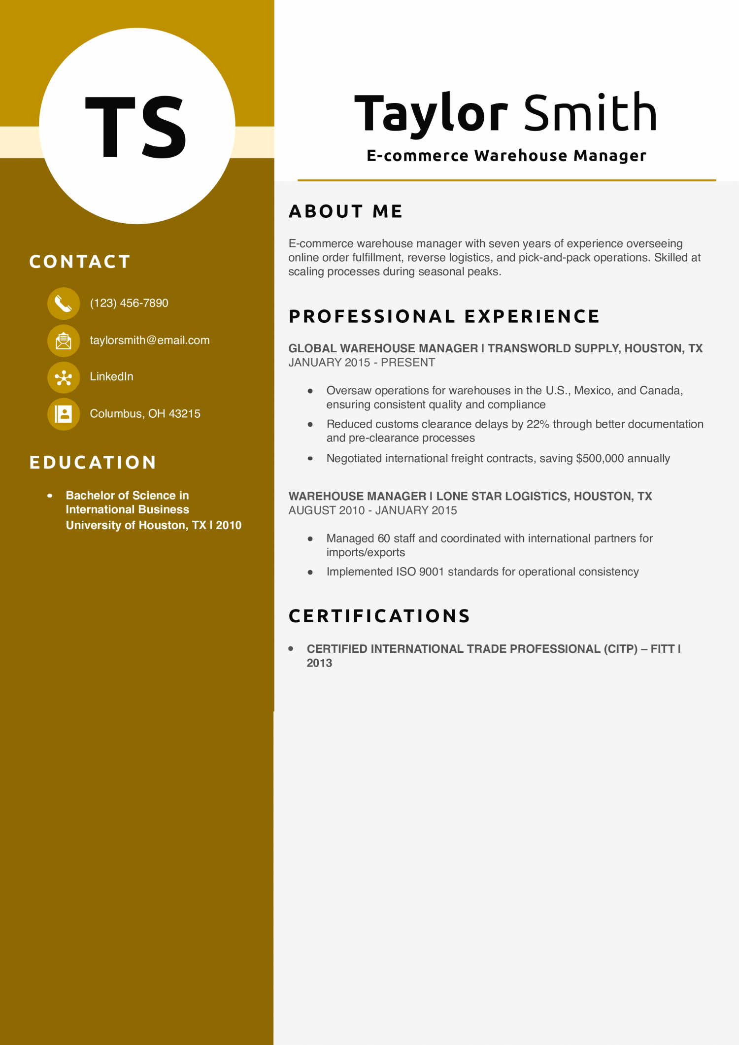 E-commerce Warehouse Manager Resume Example