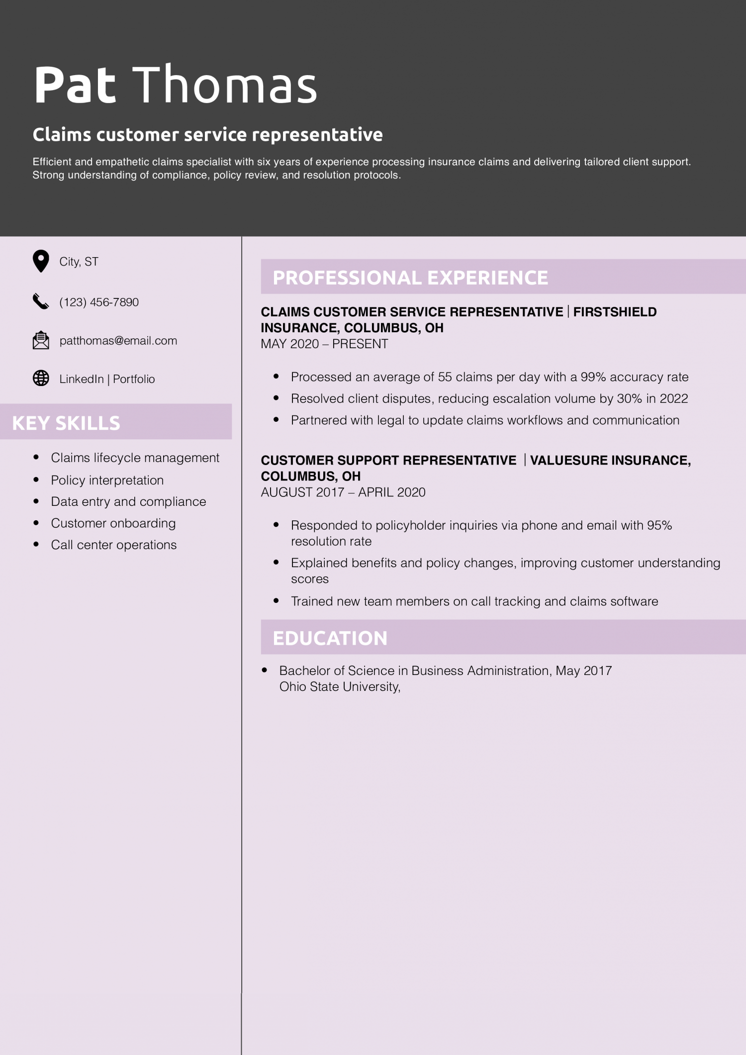 Claims customer service representative resume