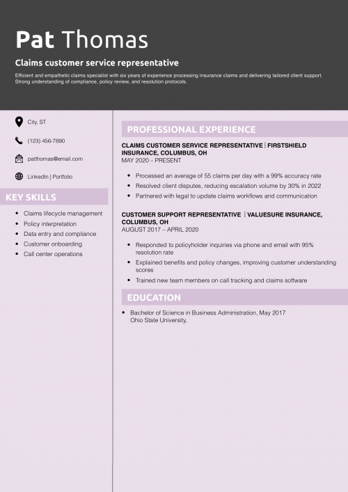 Claims customer service representative resume 