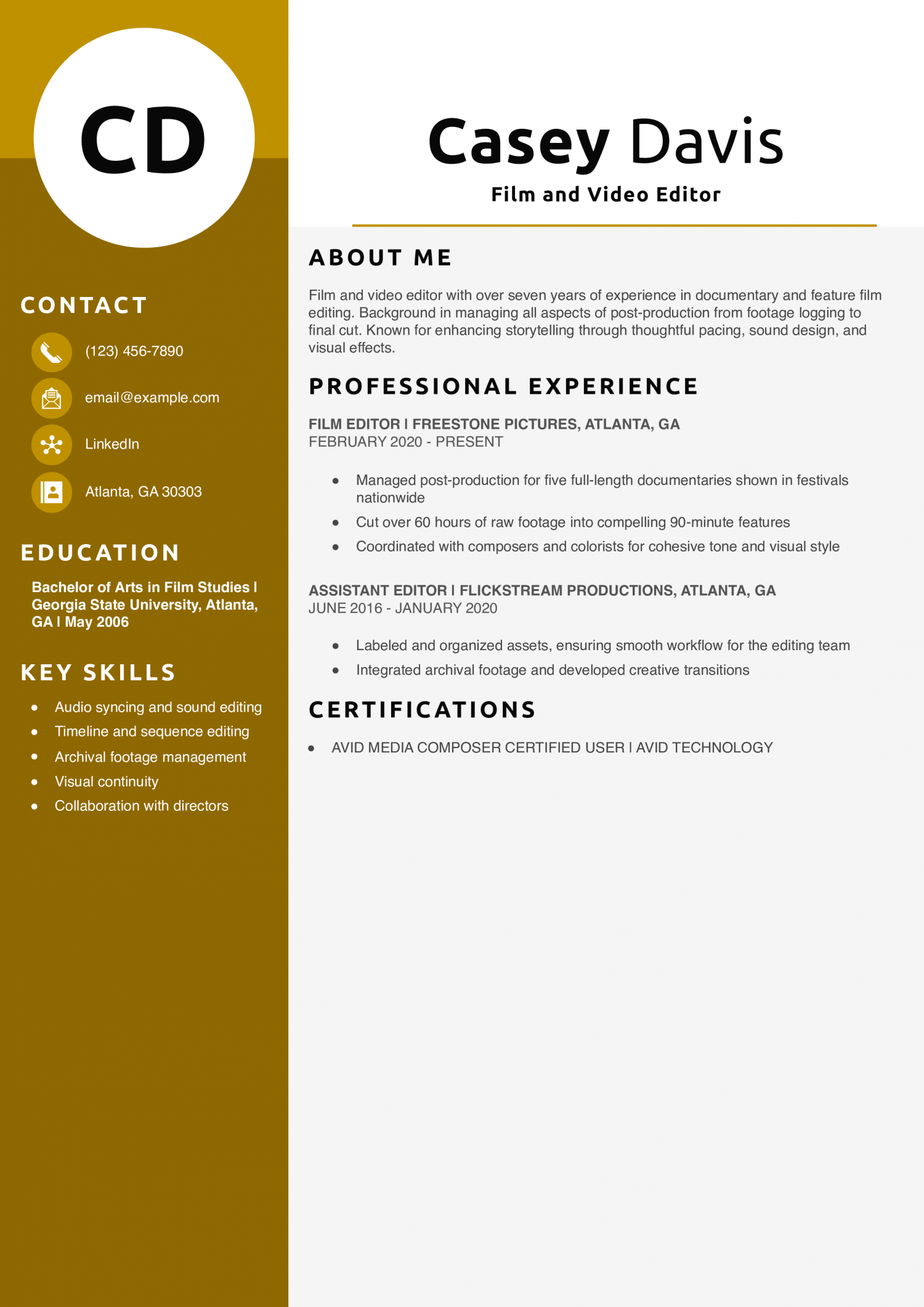 Film and Video Editor Resume Example
