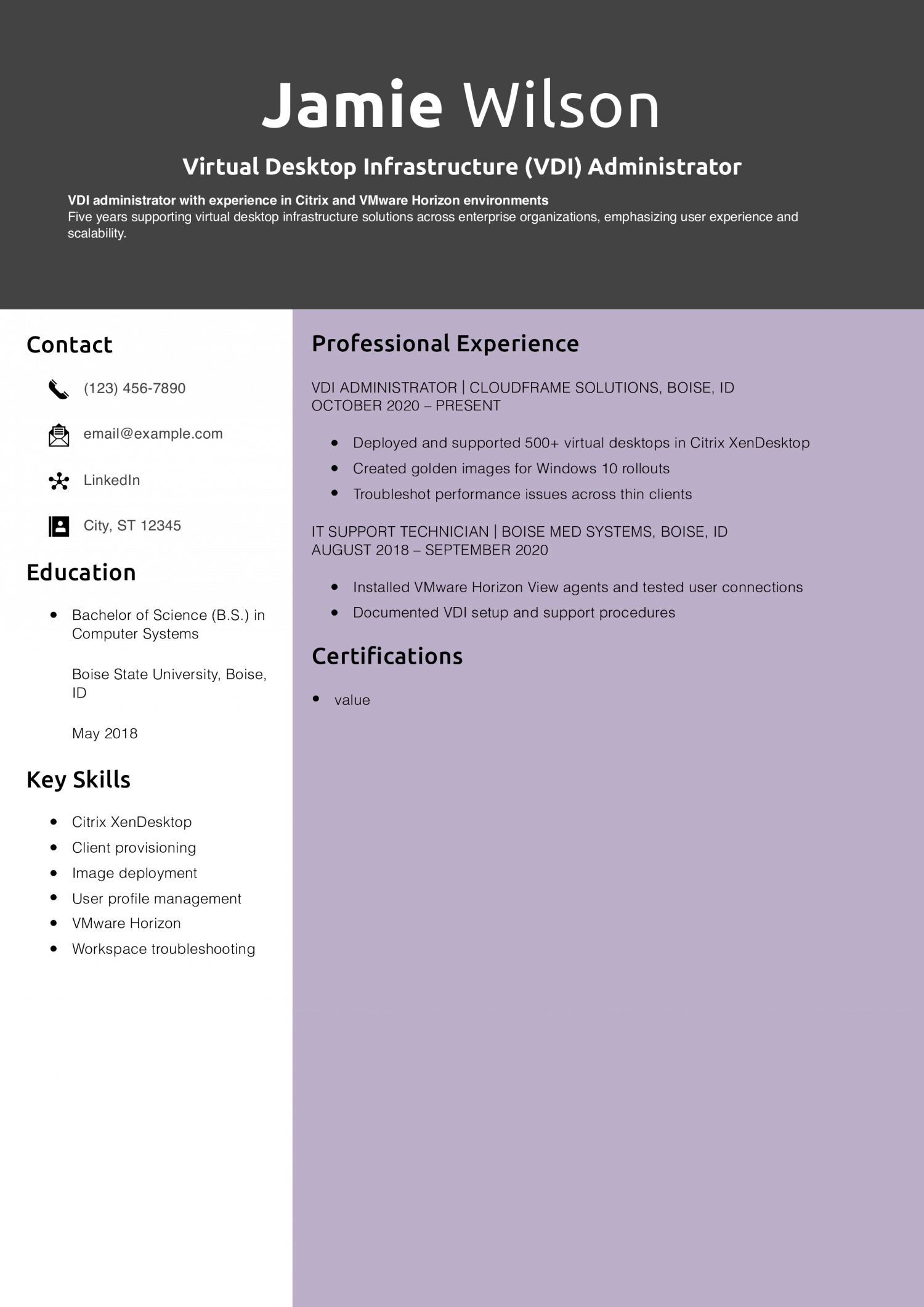 Virtual Desktop Infrastructure (VDI) Administrator Resume Example