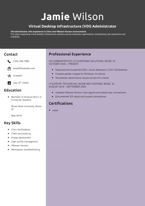 Virtual Desktop Infrastructure (VDI) Administrator Resume Example