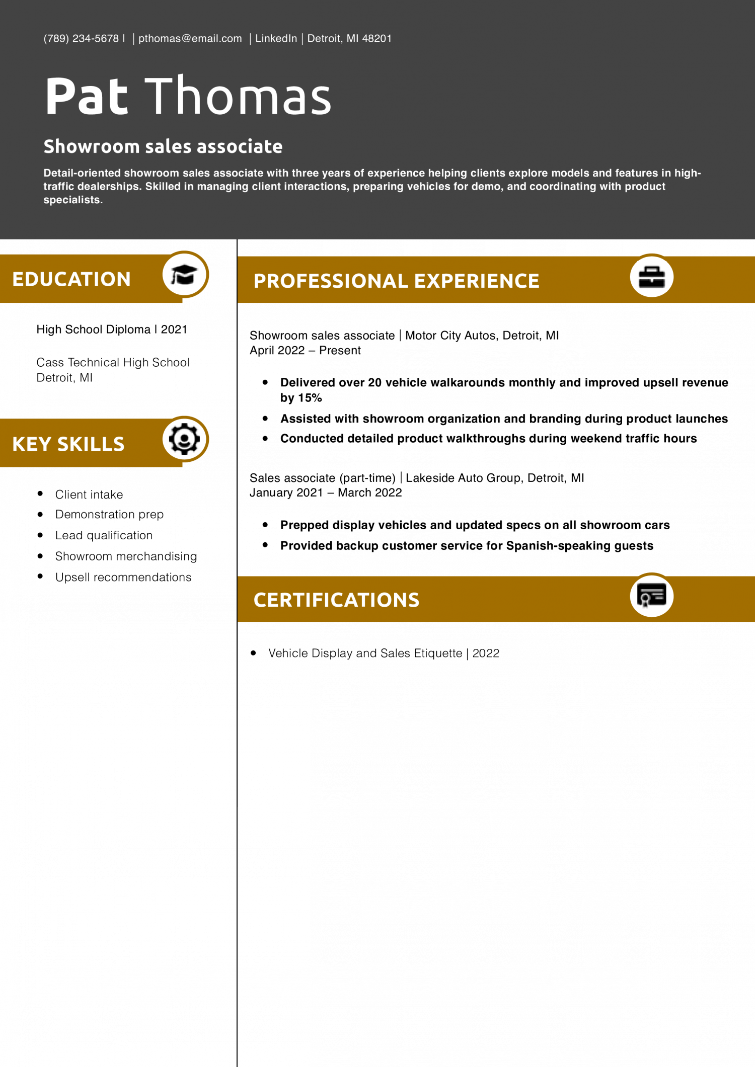 Showroom sales associate resume example