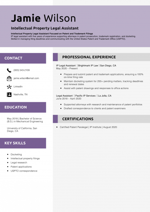 Intellectual Property Legal Assistant Resume