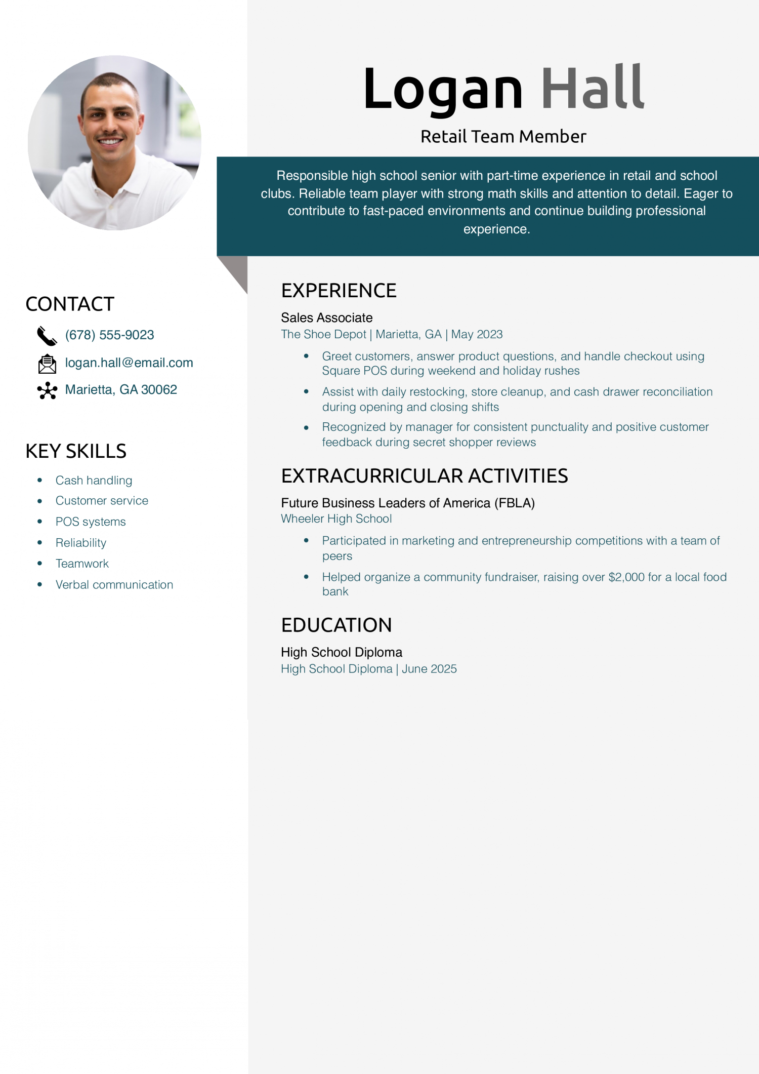 Teenager Resume Example – Retail Team Member
