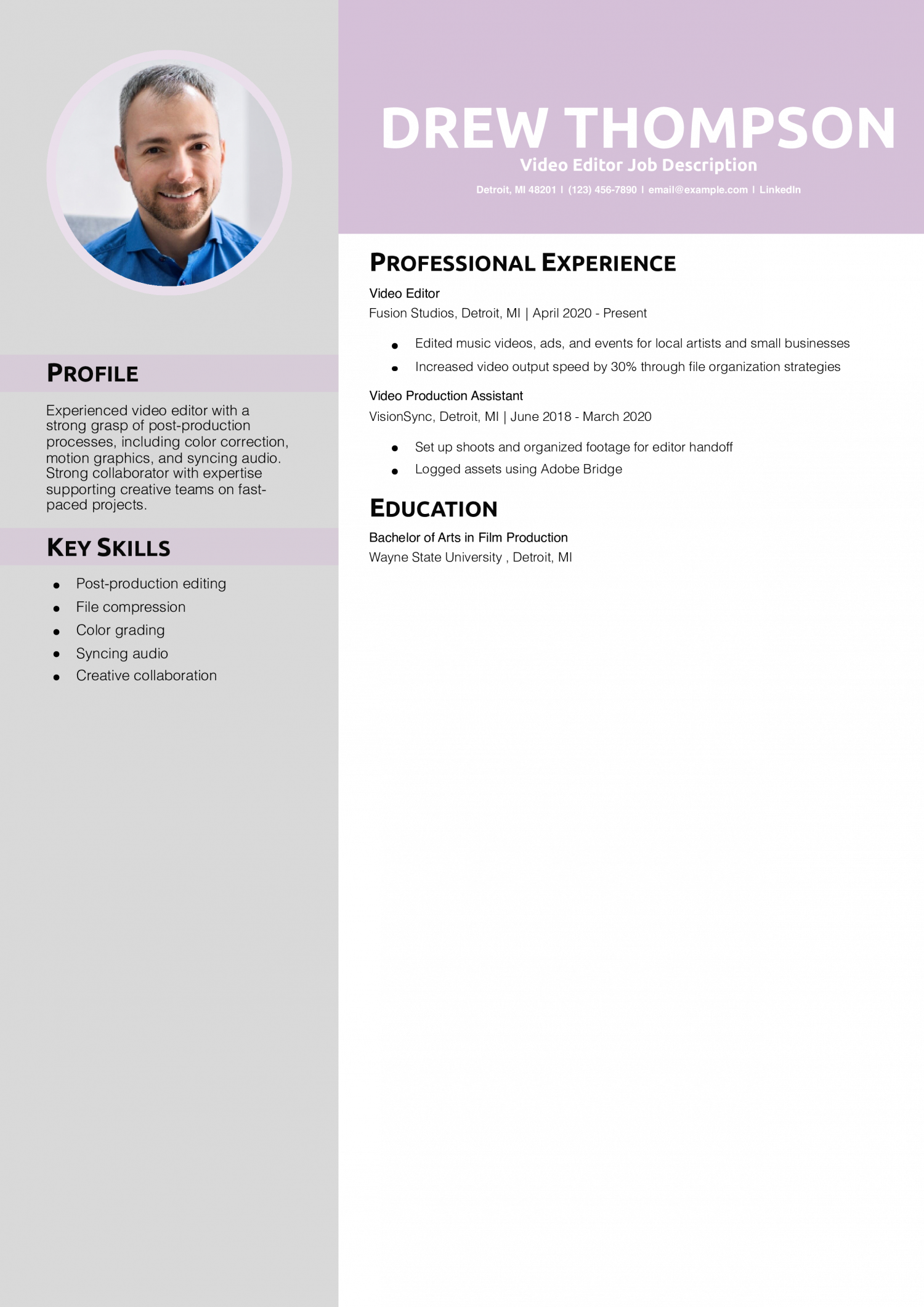 Video Editor Job Description Resume Example