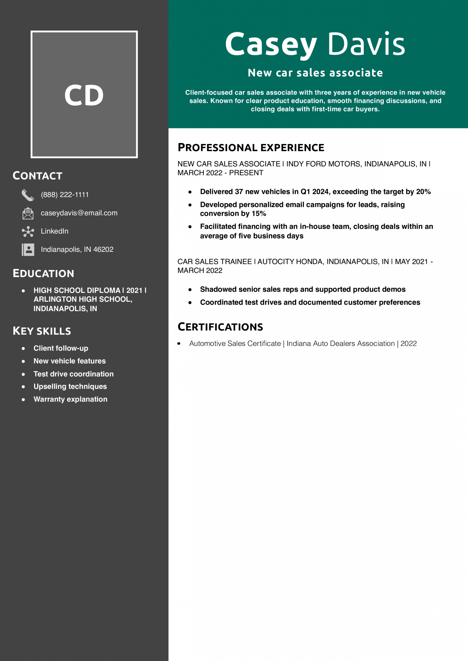 New car sales associate resume example