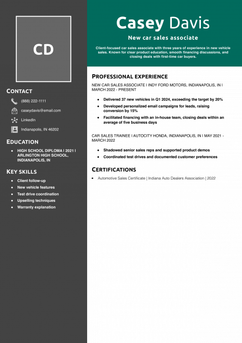 New car sales associate resume example