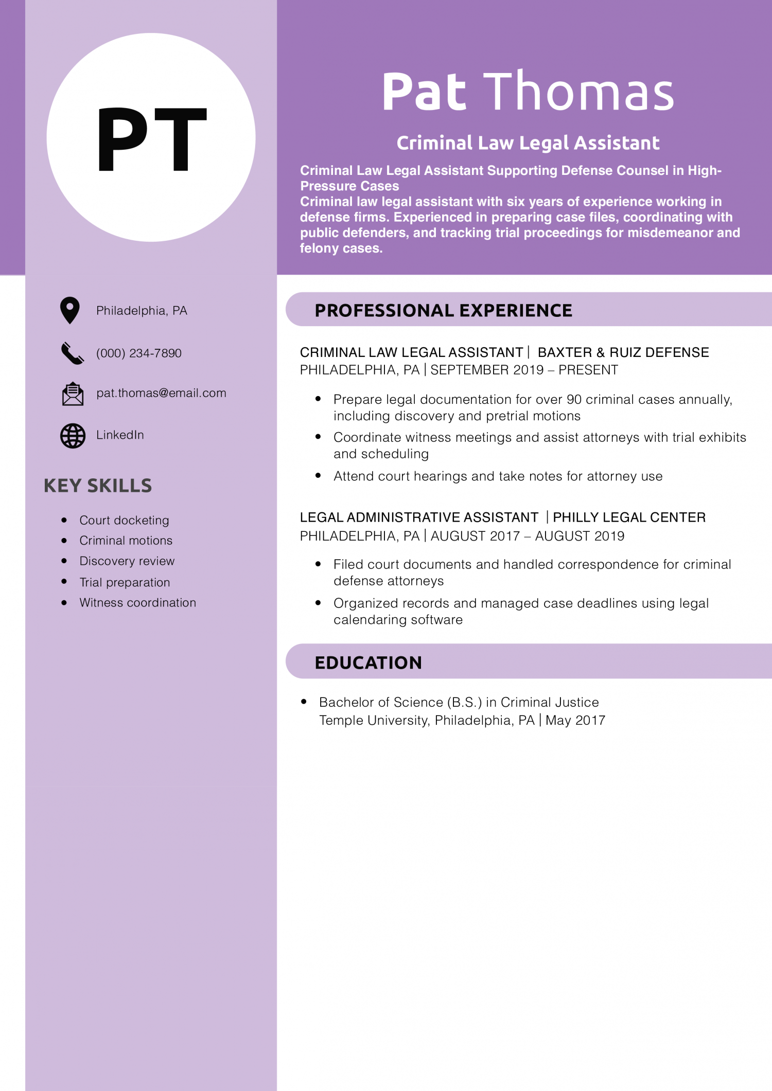 Criminal Law Legal Assistant Resume