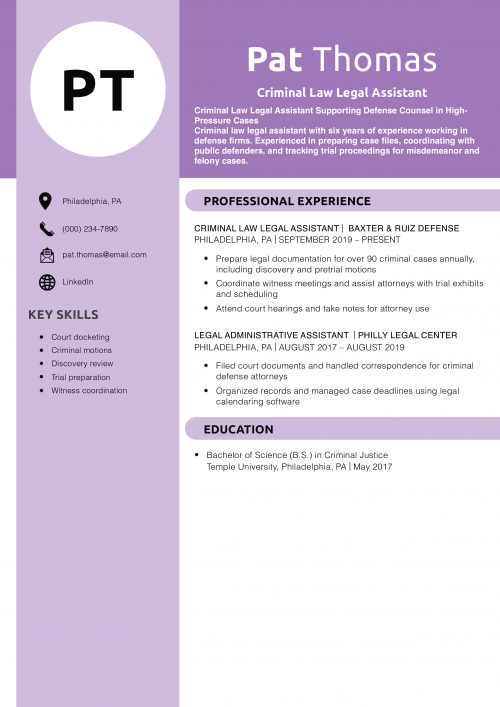 Criminal Law Legal Assistant Resume
