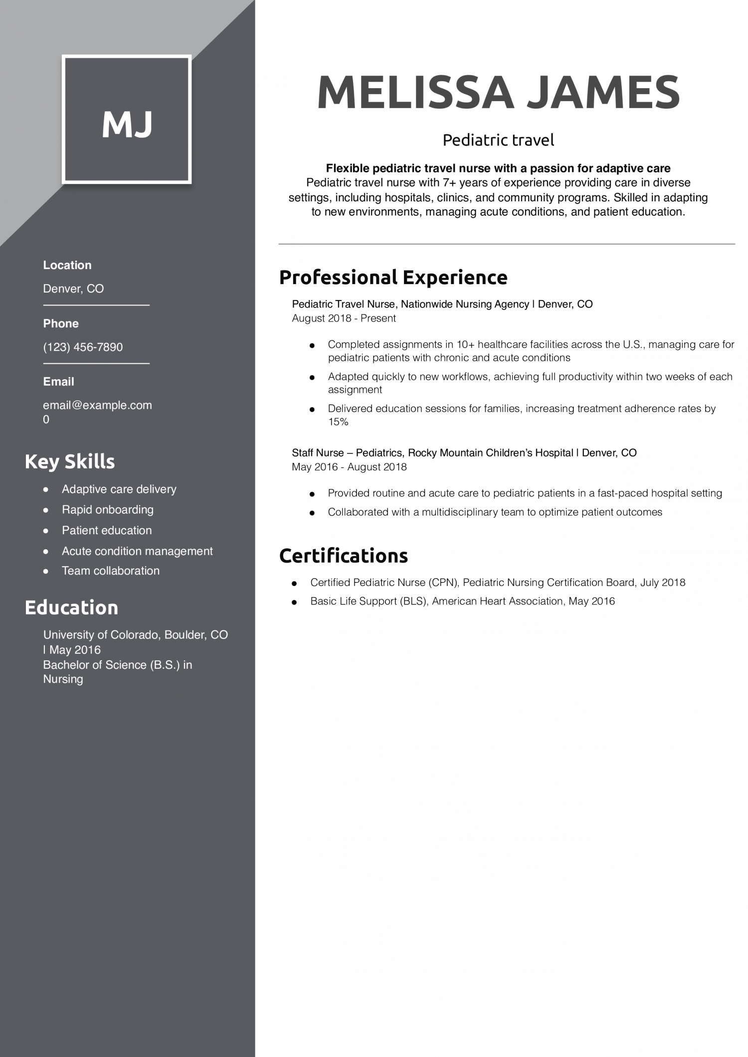 Pediatric travel nurse resume
